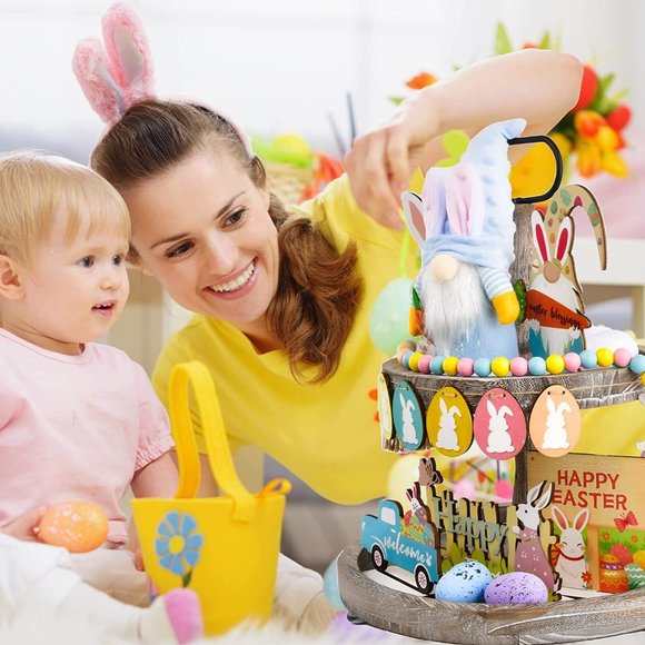 Farmhouse Wooden Easter Tiered Tray Decorations - 14Pcs - Picture 2 of 6